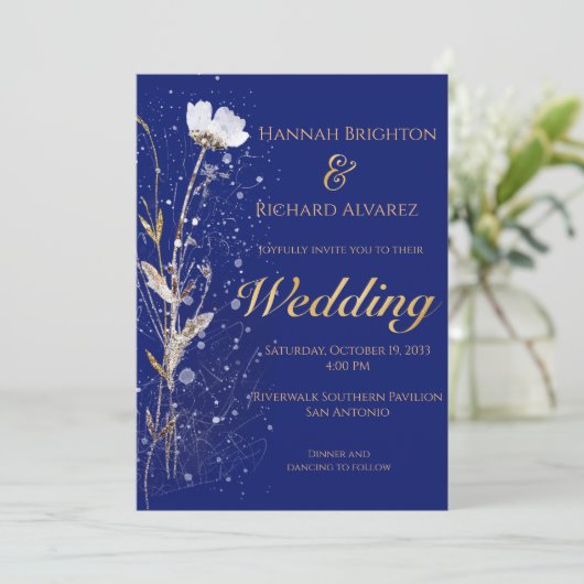 素朴秋ネイビーブルーボヘミアンワイルドフラワー結婚ズ 招待状 (スタンド正面)
