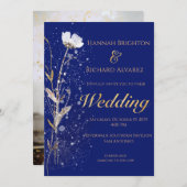 素朴秋ネイビーブルーボヘミアンワイルドフラワー結婚ズ 招待状 (正面/裏面)