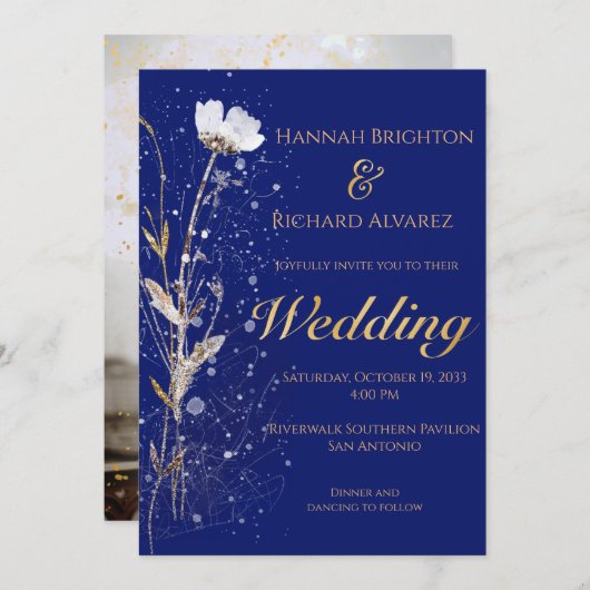 素朴秋ネイビーブルーボヘミアンワイルドフラワー結婚ズ 招待状 (正面/裏面)