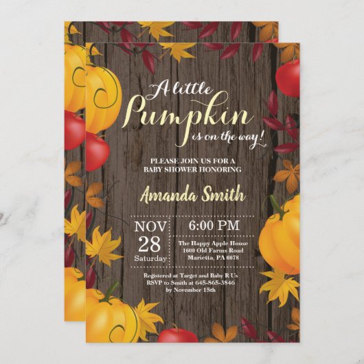 素朴秋パンプキンイエローベビーシャワーの招待 招待状 (正面/裏面)