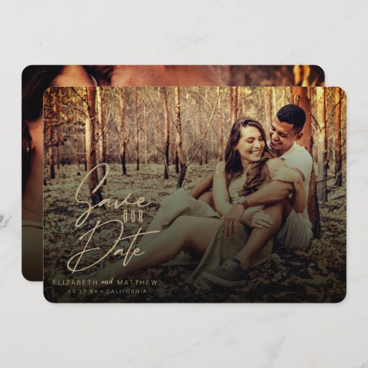 素朴秋フィルタ金ゴールドスクリプトの前後の写真 セーブザデート (正面/裏面)