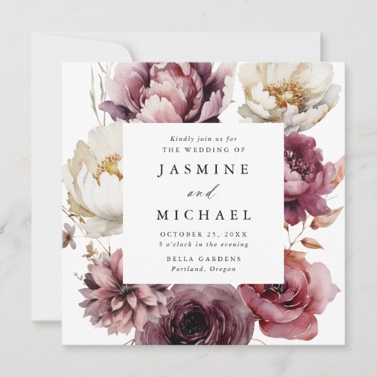 素朴秋フローラフレーム結婚スクエア 招待状 (正面)