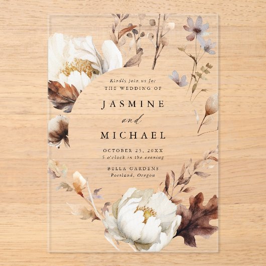 素朴秋フローラ円結婚枠 アクリル招待状 (正面)