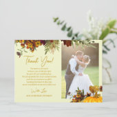 素朴秋フローラ金ゴールドスクリプト結婚photo's サンキューカード (スタンド正面)