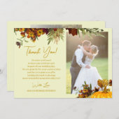 素朴秋フローラ金ゴールドスクリプト結婚photo's サンキューカード (正面/裏面)