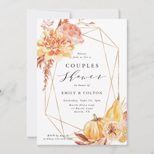 素朴秋フローラ金ゴールド幾何カップルシャワー 招待状 (正面)