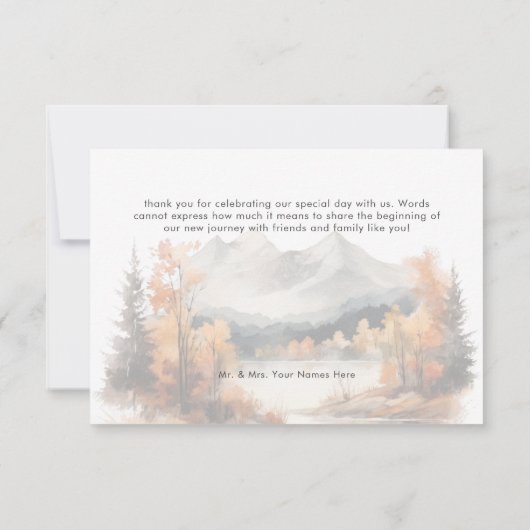 素朴秋マウンテンシーンウォーター結婚カラー サンキューカード (裏面)