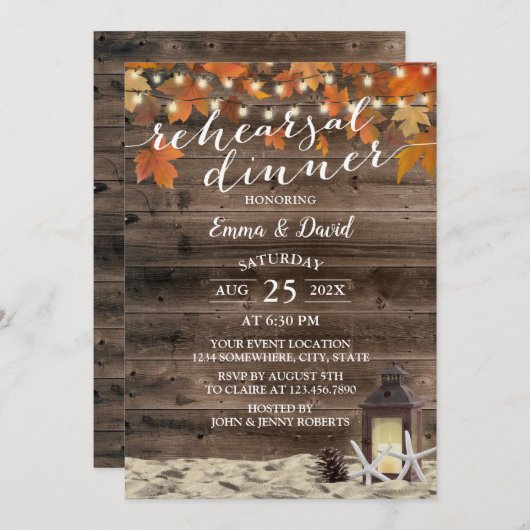 素朴秋ランタンビーチ結婚式リハーサルディナー 招待状 (正面/裏面)