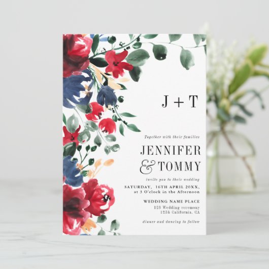 素朴秋冬季レッド海軍ブルーフローラ結婚ズ 招待状 (スタンド正面)