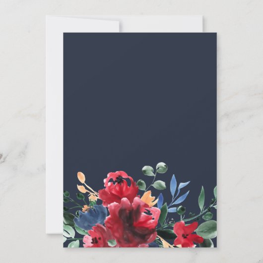 素朴秋冬季レッド海軍ブルーフローラ結婚ズ 招待状 (裏面)
