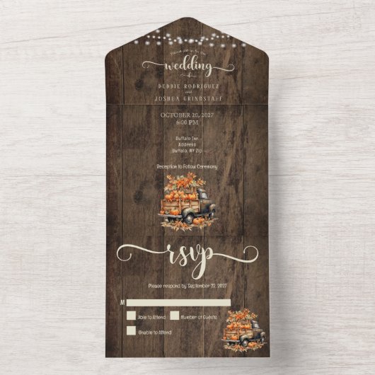 素朴秋秋トラックのストリングライト結婚ズ オールインワン招待状 (内側)