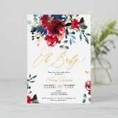 素朴秋赤ネイビーフローラ水色ベビーシャワー 箔招待状 (立ち正面)