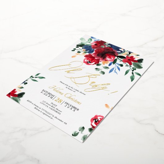 素朴秋赤ネイビーフローラ水色ベビーシャワー 箔招待状 (回転した状態)