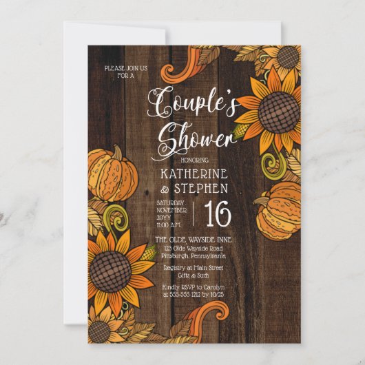 素朴秋 |秋のひまわりカップルのシャワー 招待状 (正面)