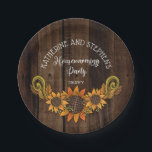 素朴秋 |秋のひまわり引っ越し祝いパーティーパーティー ペーパープレート<br><div class="desc">田舎田舎の収穫時期秋 |秋のひまわり引っ越し祝いパーティーパーティーフェイクデザイン暗い木の背景。複合デザイン別休日ハートデザイン（権利留保）。</div>