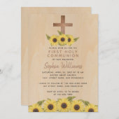 素朴第1コミューニオンウッドクロスサンフラワー 招待状 (正面/裏面)