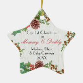 素朴第1回クリスマスカスタム写真新しい母とパパ セラミックオーナメント (裏面)