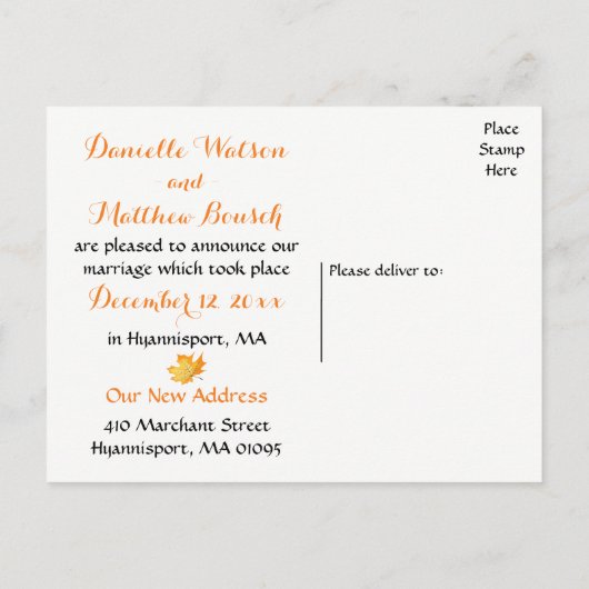 素朴紅葉たった今結婚しましたオ結婚レンジズ 案内ポストカード (裏面)