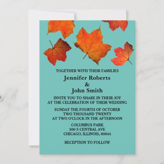 素朴紅葉バーンドオレンジティール（緑がかった色）ブルー結婚ズ 招待状 (正面)
