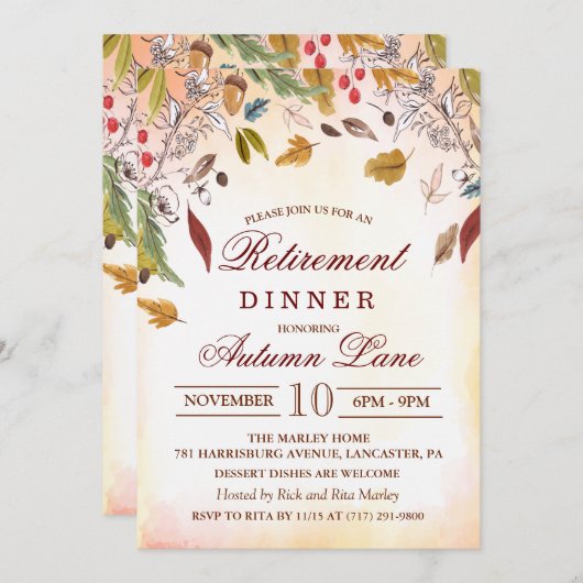 素朴紅葉退職夕食招待状 招待状 (正面/裏面)