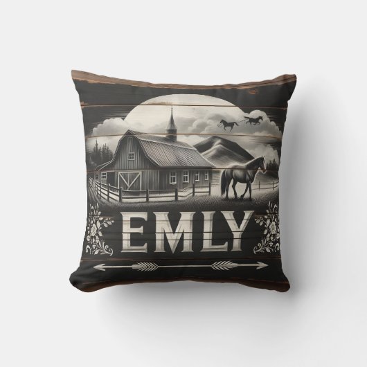 素朴納屋と馬の夕暮れ地方 クッション (正面)