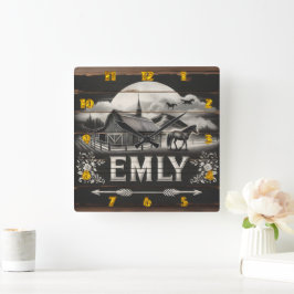 素朴納屋と馬の夕暮れ地方 スクエア壁時計