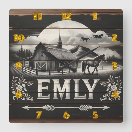 素朴納屋と馬の夕暮れ地方 スクエア壁時計 (正面)