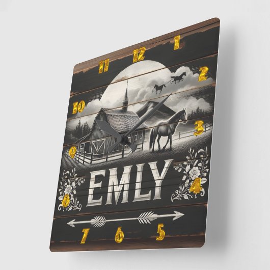 素朴納屋と馬の夕暮れ地方 スクエア壁時計 (傾斜)