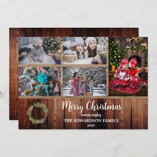 素朴納屋の木の上に家族のコラージュメリークリスマス シーズンカード (正面/裏面)