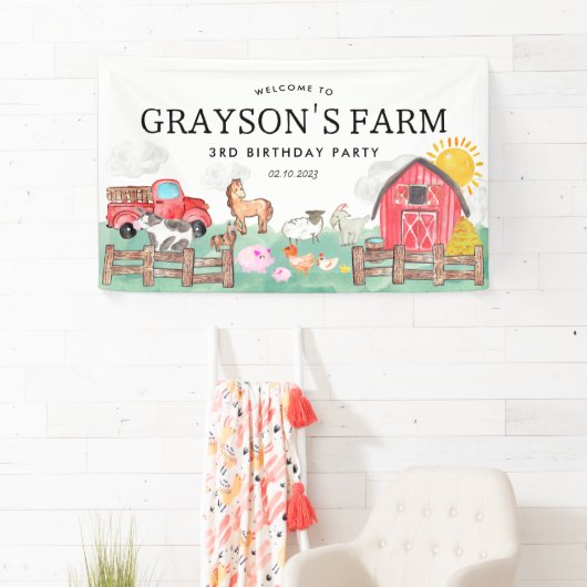素朴納屋周囲の庭動物キッズファーム誕生日へようこそ 横断幕 (インサイチュ)