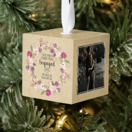 素朴紙の初めてのクリスマス3婚約した写真 キューブオーナメント