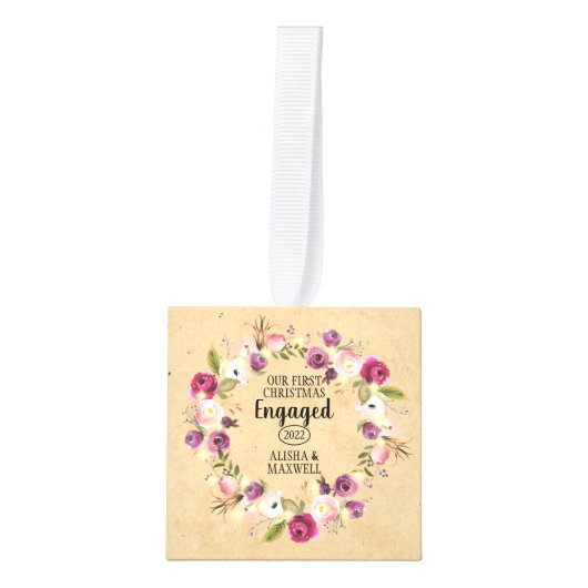 素朴紙の初めてのクリスマス3婚約した写真 キューブオーナメント (正面)