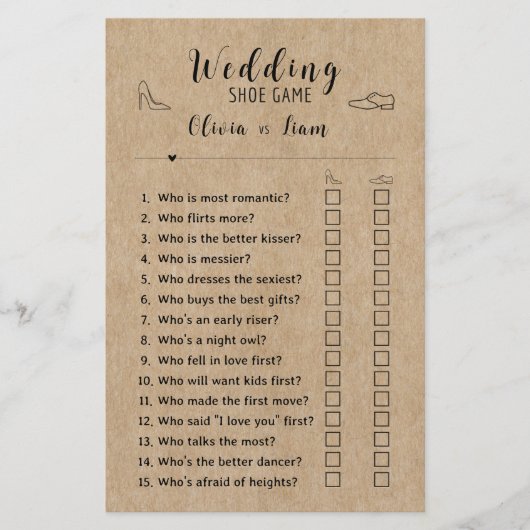 素朴紙ブライダルシャワーおもしろい結婚のシューゲーム (正面)