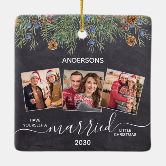 素朴結婚した初めてのクリスマスNewlyweds 3 Photo セラミックオーナメント (裏面)