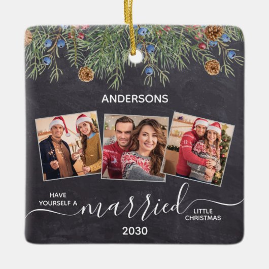 素朴結婚した初めてのクリスマスNewlyweds 3 Photo セラミックオーナメント (正面)