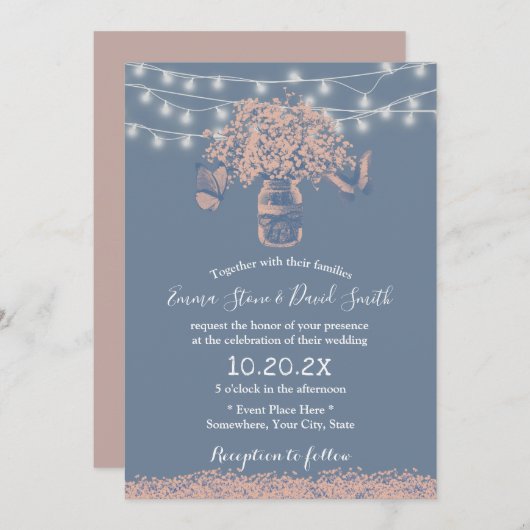 素朴結婚の埃の多い青い赤ん坊の息フローラ瓶 招待状 (正面/裏面)