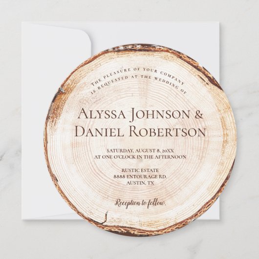 素朴結婚の木材カットスライスユニークカスタム 招待状 (正面)