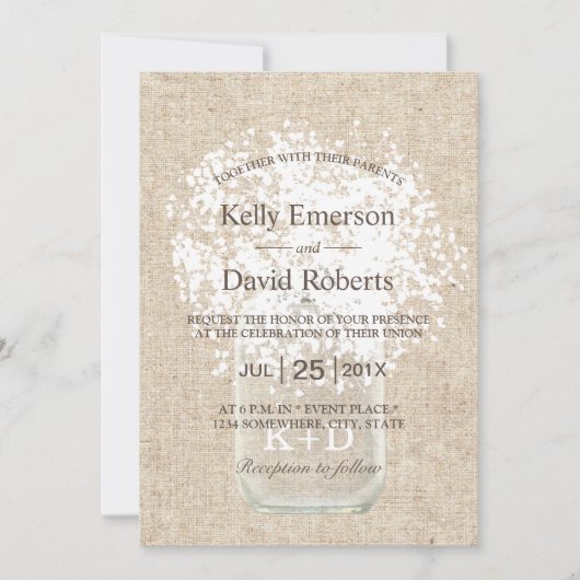 素朴結婚の赤ん坊の息のメイソン・ジャー 招待状 (正面)