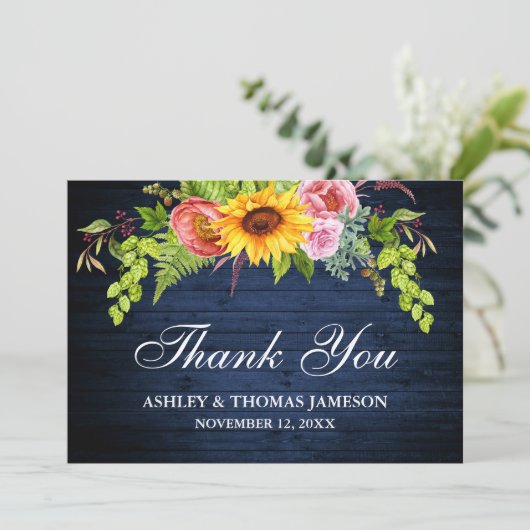 素朴結婚の青い木のひまわりフローラ サンキューカード (スタンド正面)