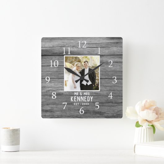 素朴結婚パーソナライズされた記念写真木材 スクエア壁時計 (ホーム)