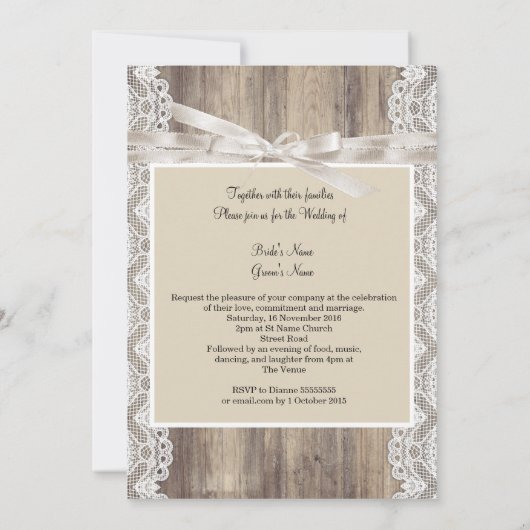 素朴結婚ベージュホワイトレースウッド 招待状 (裏面)