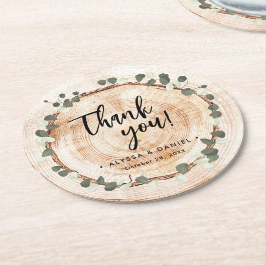 素朴結婚ユーカリ木目スライスカスタム ラウンドペーパーコースター (アングル)