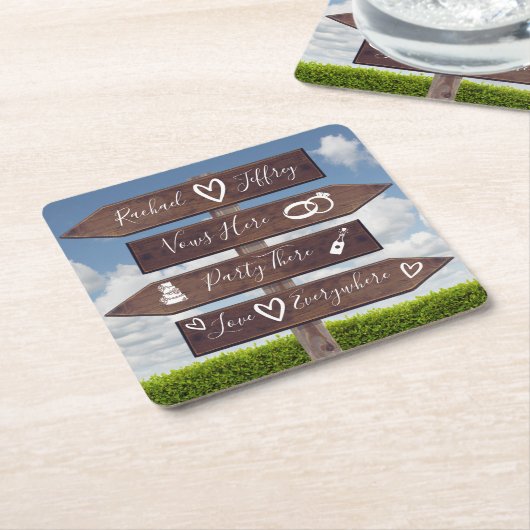 素朴結婚方向標識 スクエアペーパーコースター (アングル)