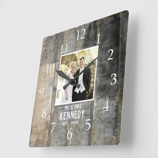 素朴結婚記念写真付き木材 スクエア壁時計 (傾斜)