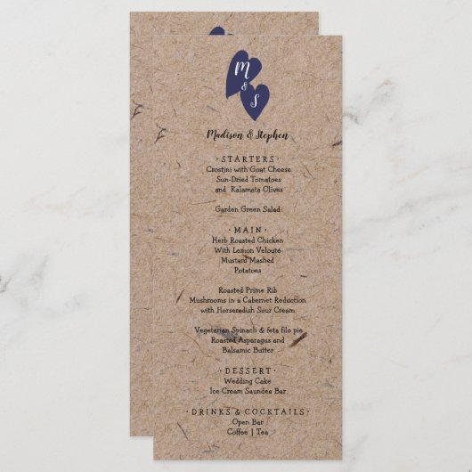 素朴結婚 |クラフト紙モノグラム海軍ハート メニュー (正面/裏面)