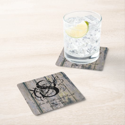 素朴結婚Monogram Wood Background Coasters スクエアペーパーコースター (インサイチュ)