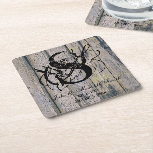 素朴結婚Monogram Wood Background Coasters スクエアペーパーコースター (アングル)