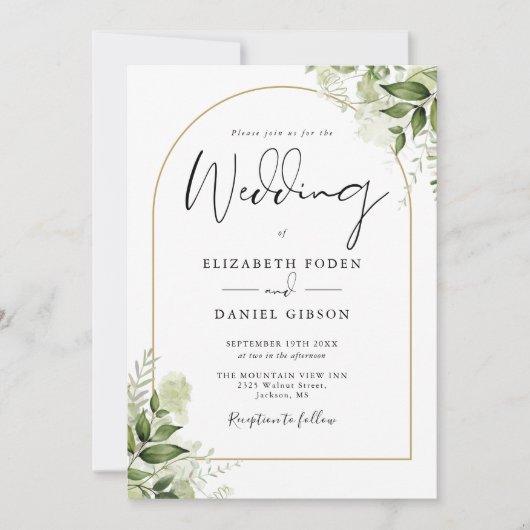 素朴緑のエレガント金ゴールドアーチ結婚写真 招待状 (正面)