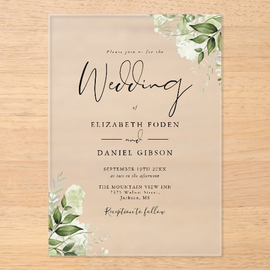 素朴緑のモダンフローラエレガント結婚s アクリル招待状 (正面)