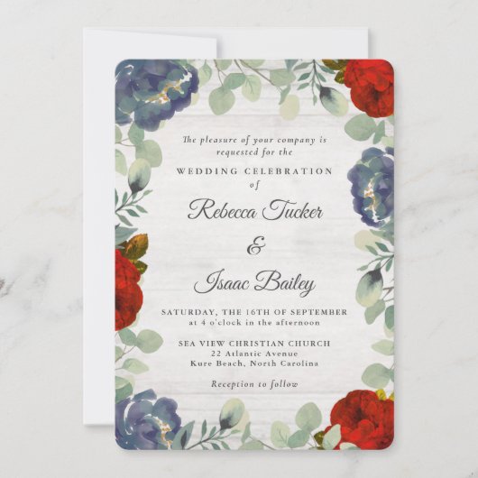 素朴緑の赤と青のフローラ結婚の 招待状 (正面)